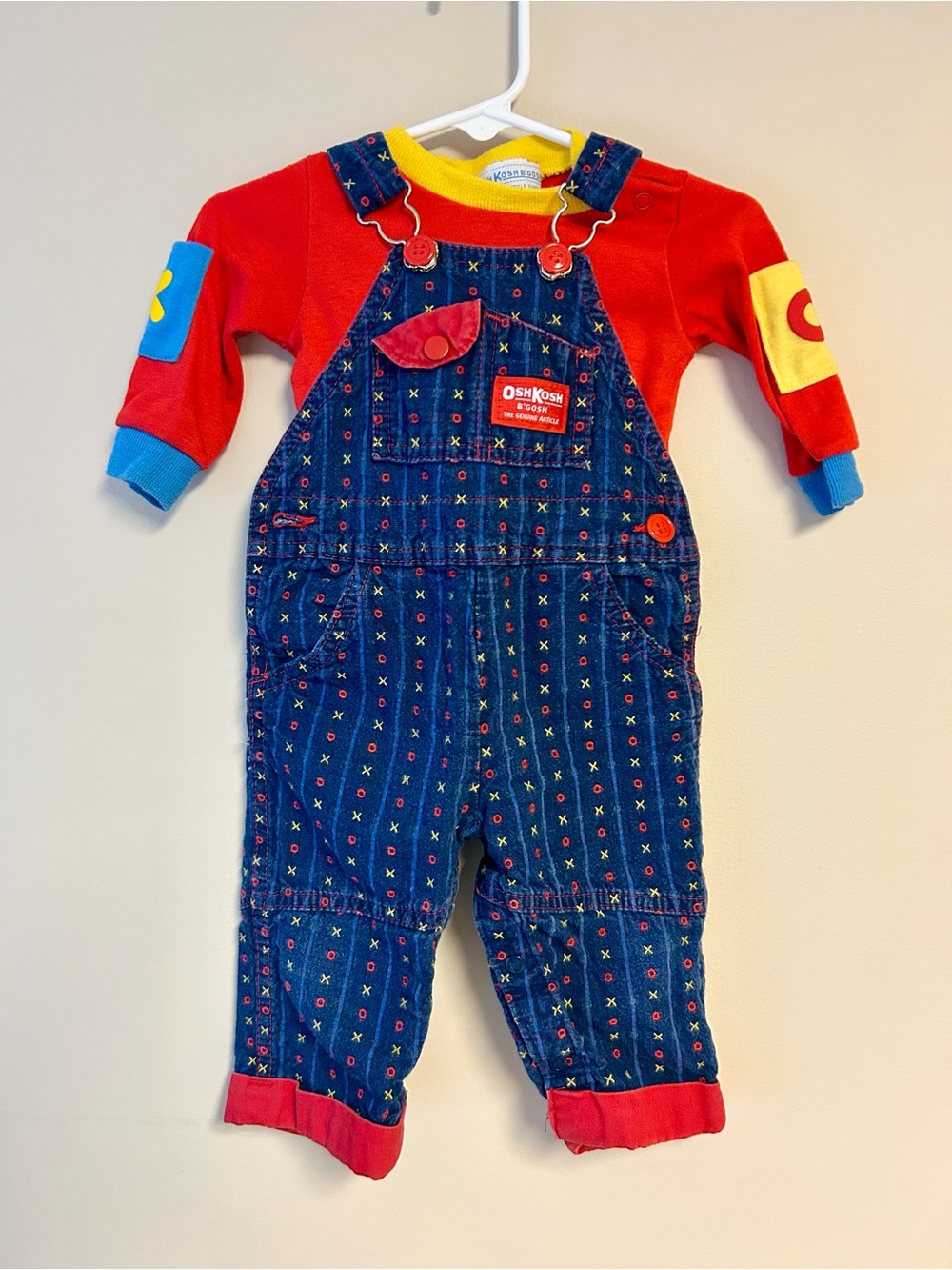 Vintage OshKosh B'gosh Kids Blue Patterned Denim Overalls with Red Top